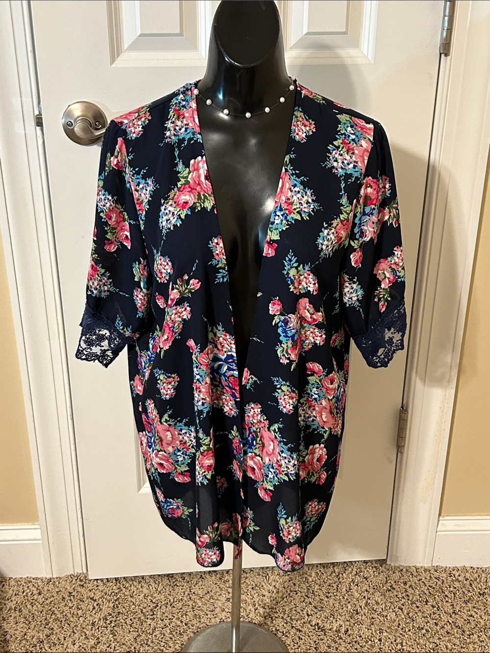 Navy Floral Open Front Kimono with Lace Trim